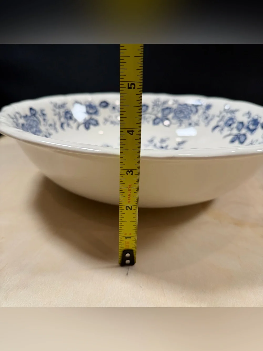 Vintage Blue Peony Hand-Painted 13” Serving Bowl Japan, Cream & Blue